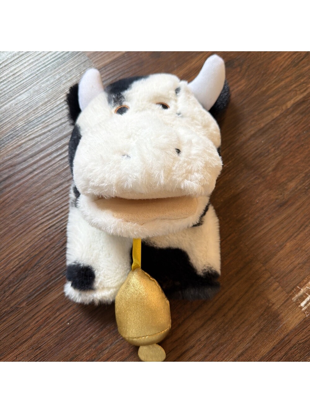 🐮 Get Ready Kids Cow Hand Puppet 11” Black & White Plush with Gold Bell